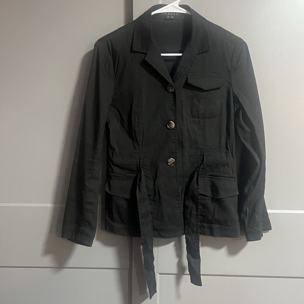 Theory Caprine Tie Waist Linen Blend Lightweight Utility Jacket Black 6 (US M)